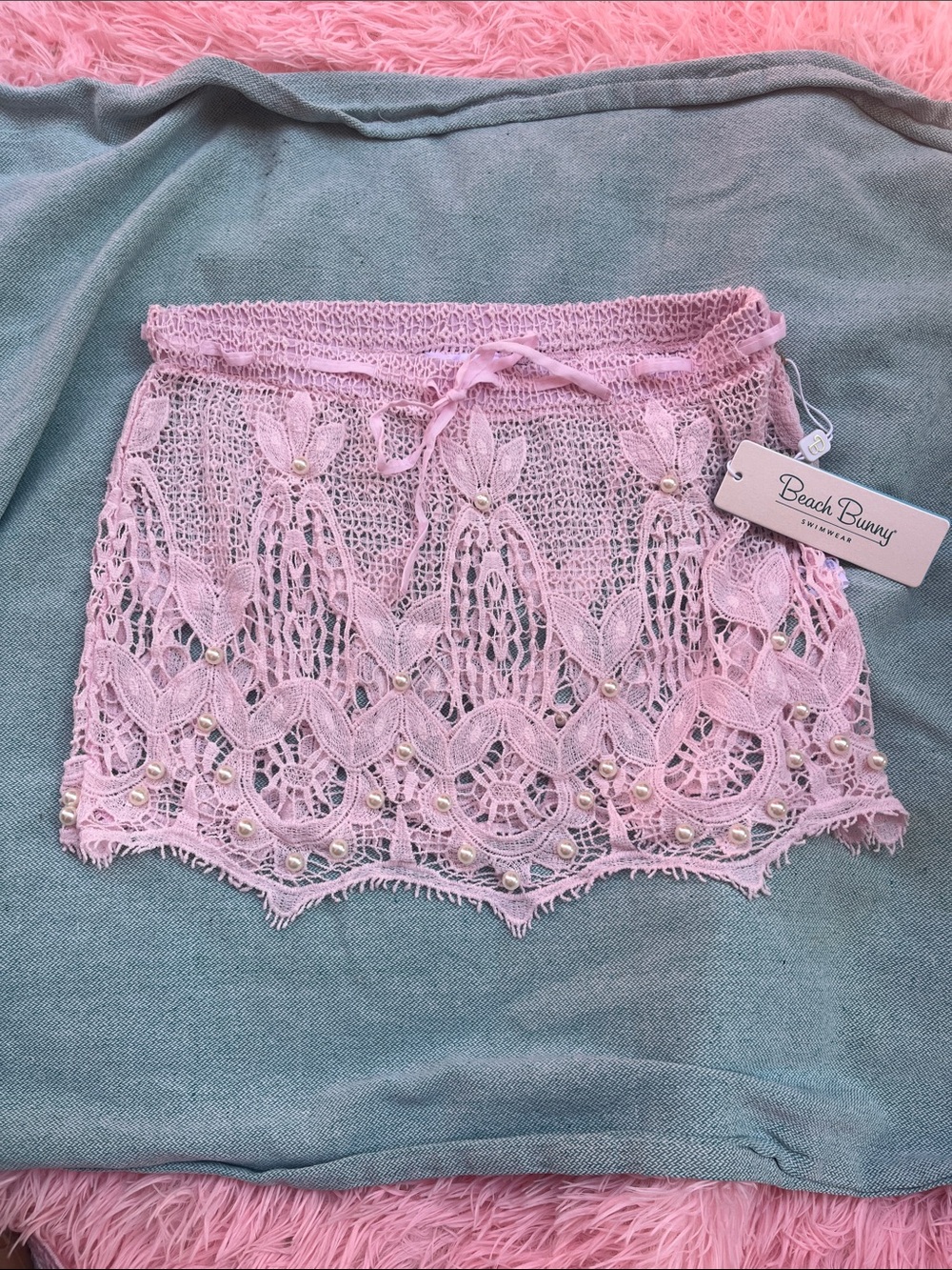 Beach Bunny Light Pink Crochet Mini Skirt with Pearl Trim